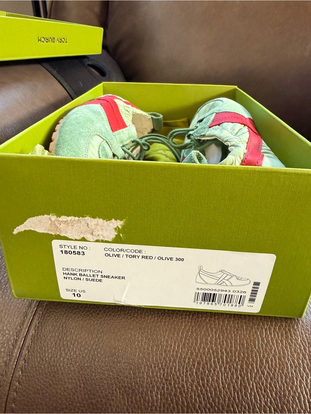 Tory Burch Olive and Tory Red Suede Ballet Sneakers